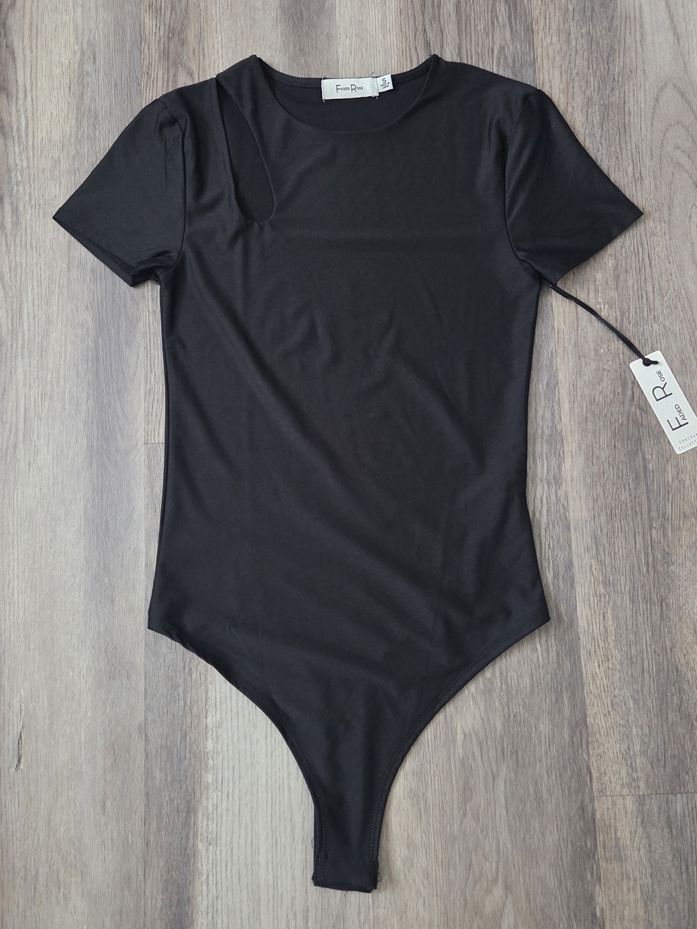 New Black Short-Sleeve One-Piece Bodysuit Cutout Shoulder Polished Feminine Date